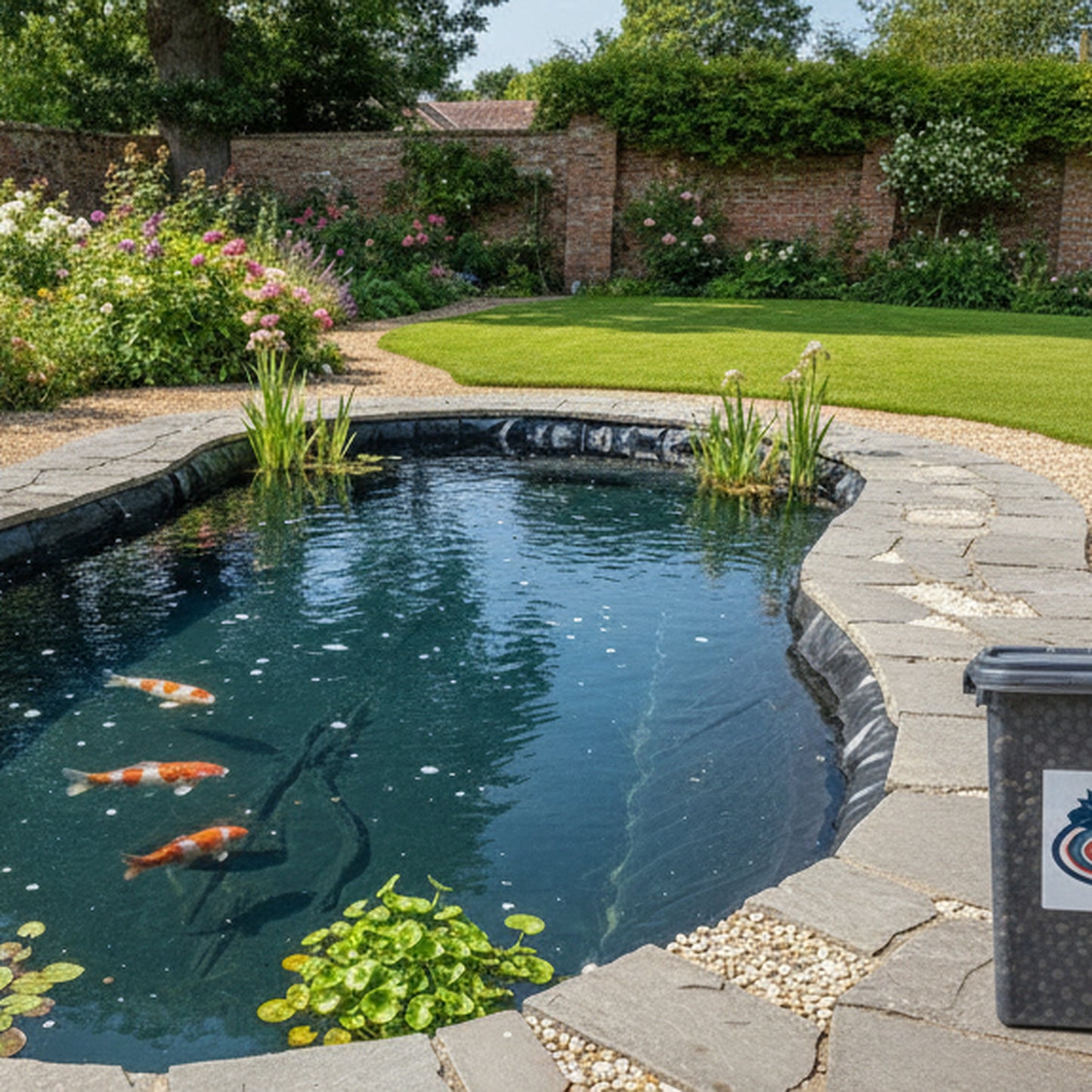 Completed koi pond with HDPE liner, natural stone edging