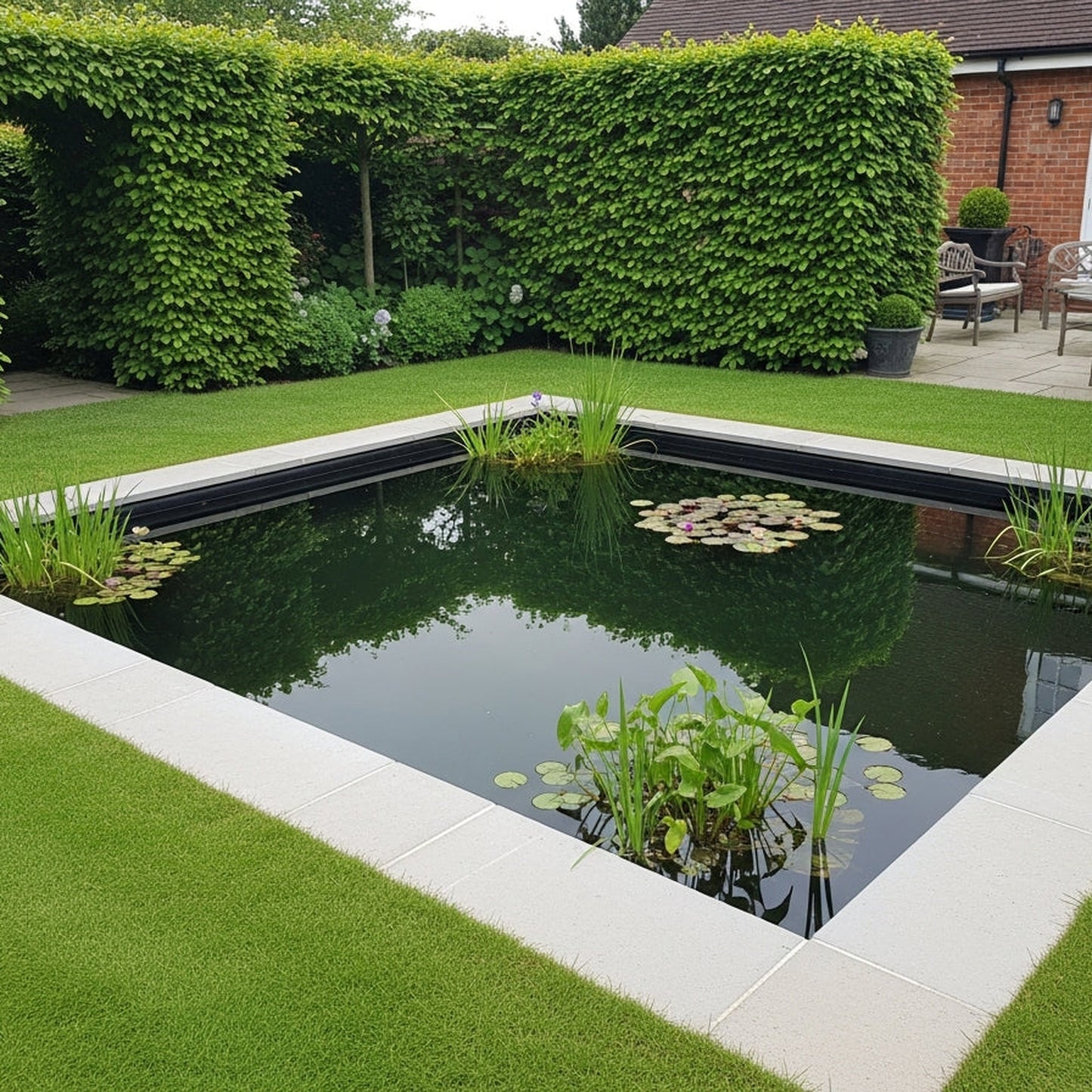 Formal garden rectangular pond with butyl liner and stone edging