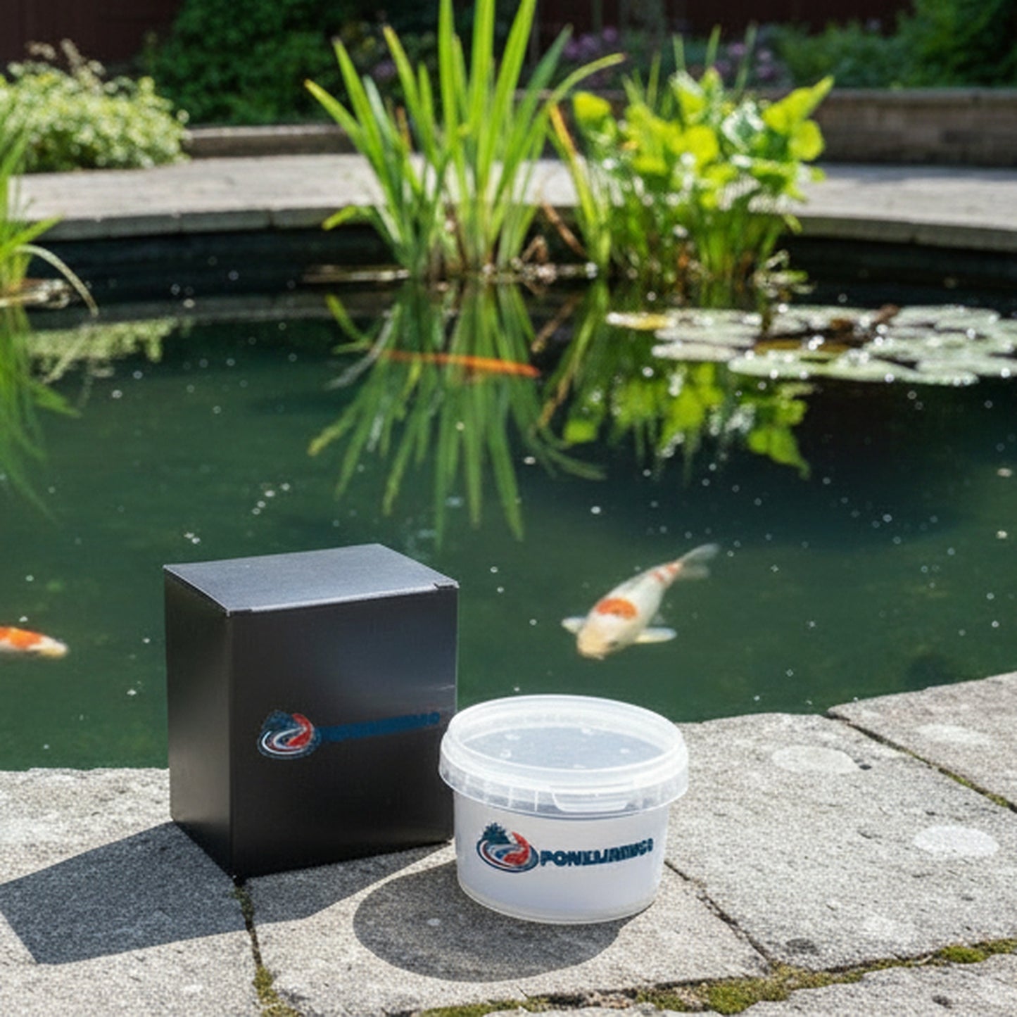 Natural pond bomb bacteria treatment beside clear UK koi pond - chemical free water treatment