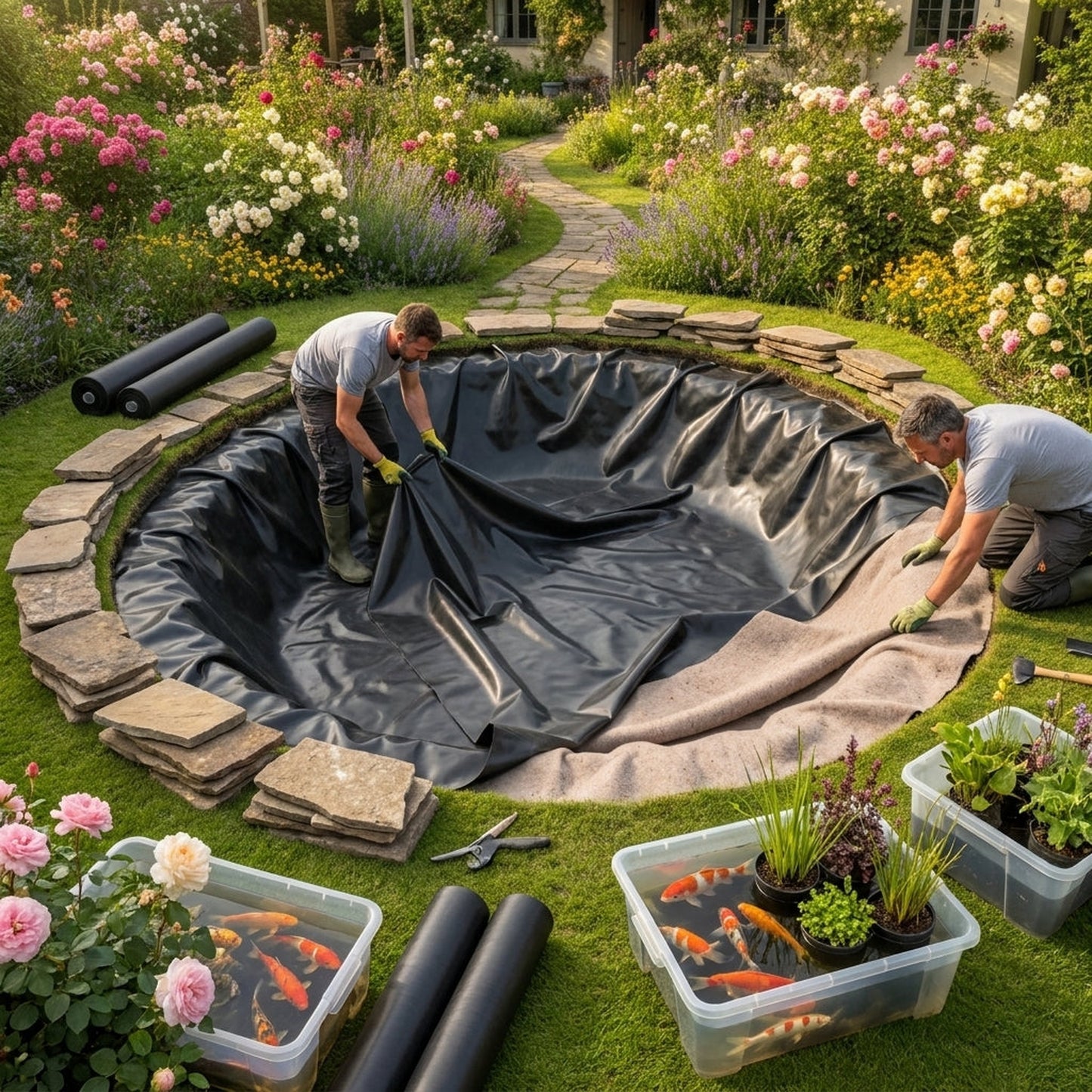 EPDM 0.75mm Fish Safe pond liner and underlay bundle complete garden pond