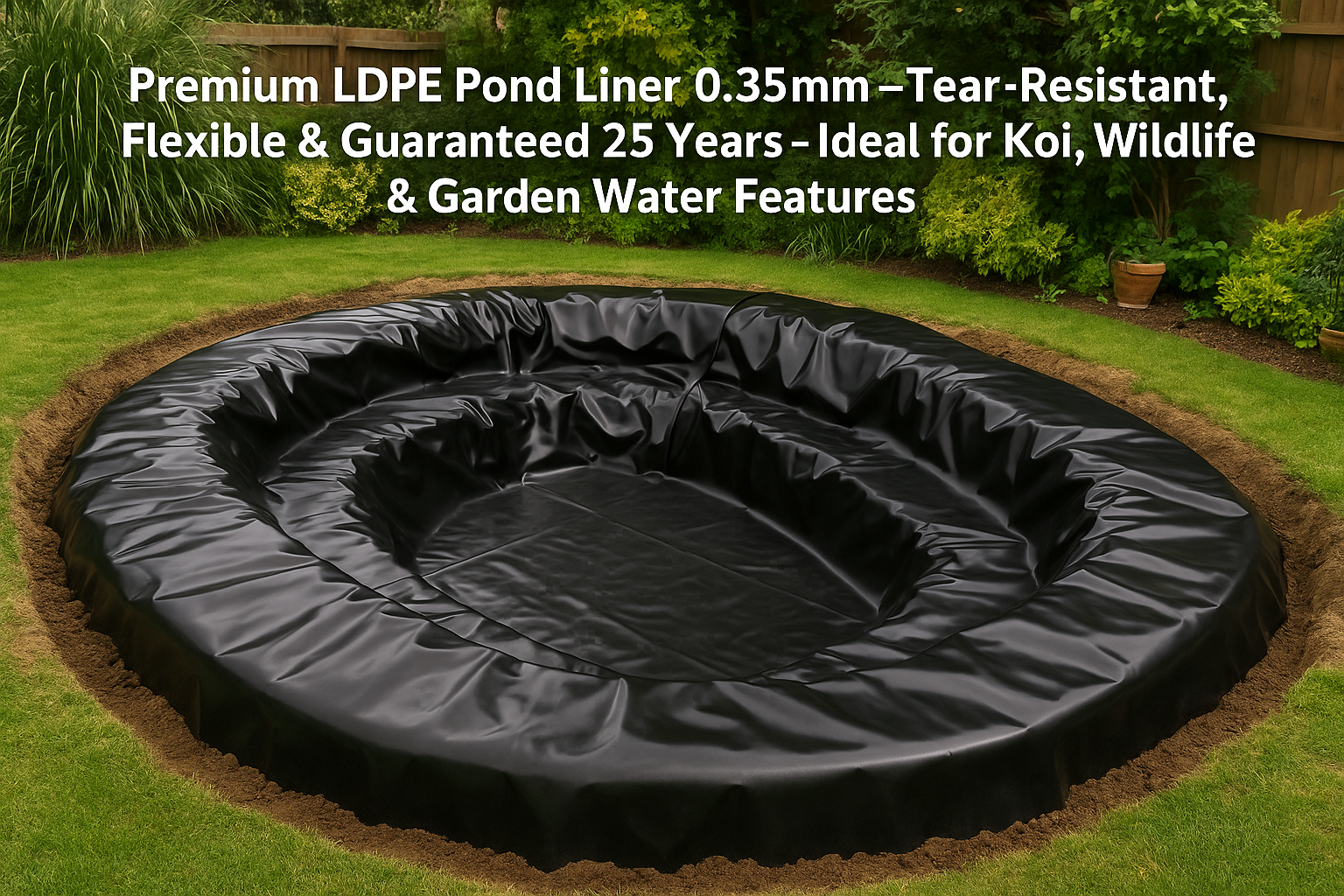 Premium LDPE Pond Liner 0.35mm – Tear-Resistant, Flexible & Guaranteed 25 Years – Ideal for Koi, Wildlife & Garden Water Features