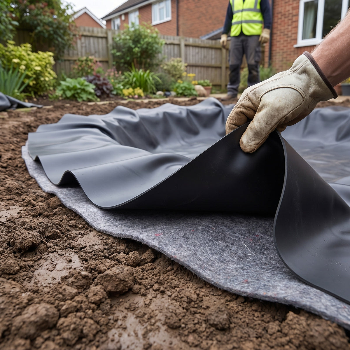 Gloved hand lifting the edge of a black EPDM pond liner to show grey geotextile underlay on prepared soil