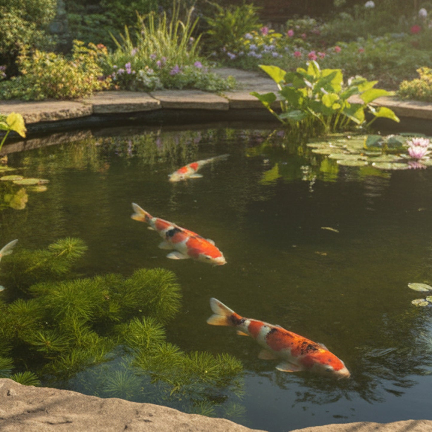 Lush oxygenating plants growing in a beautiful UK garden koi pond – PondLiners Co