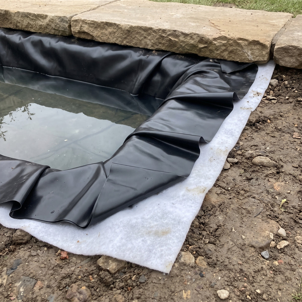 Black LDPE pond liner pleated into a pond corner over underlay, edge under stone coping