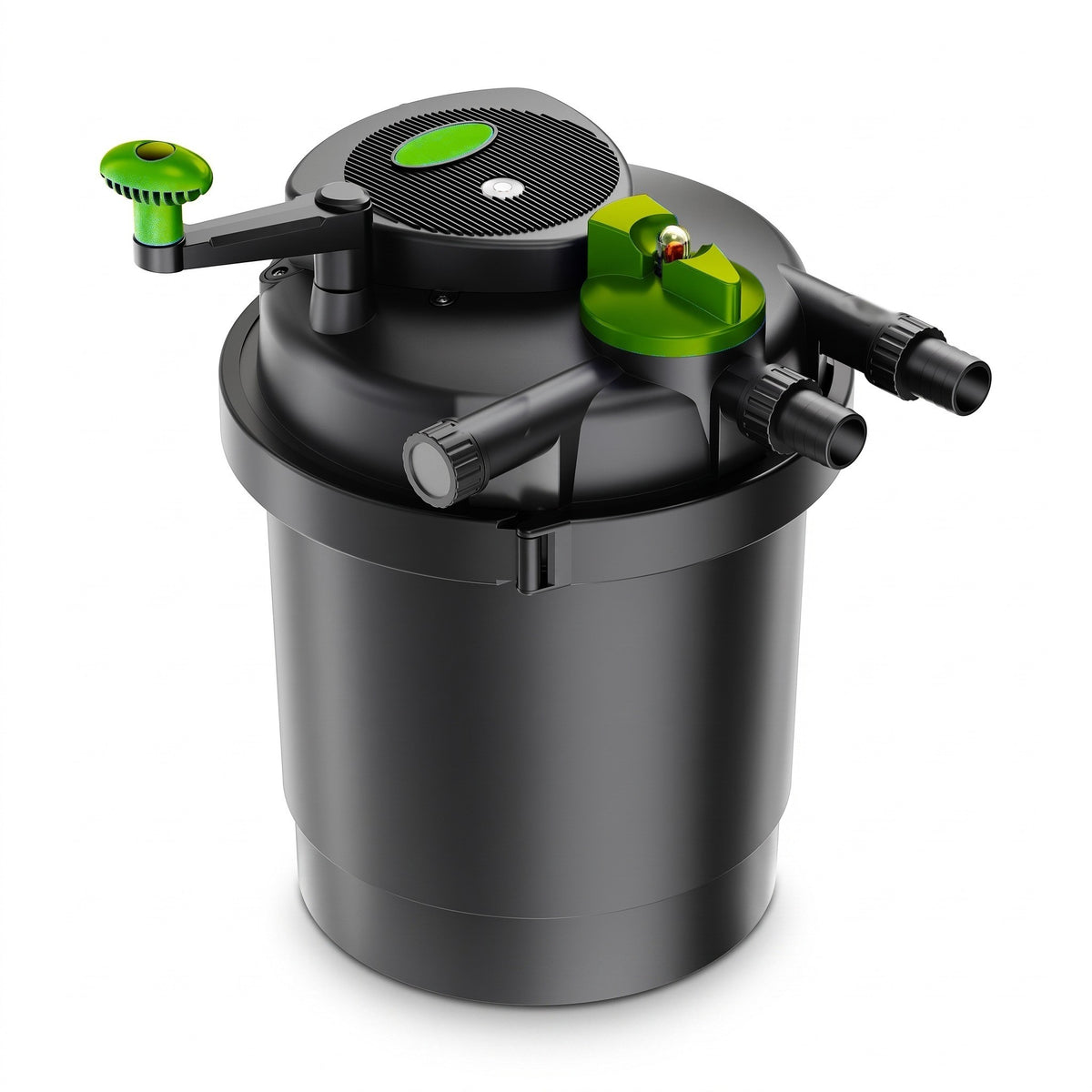 Pressurised pond filter with built-in UVC, turn-to-clean handle and stepped hosetails on a white background (9000L and 12000L body)