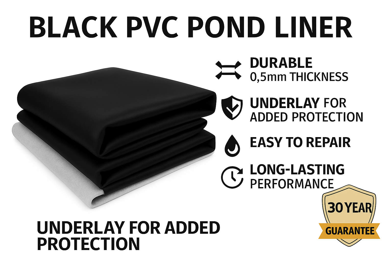 Professional-Grade PVC Pond Liner 0.5mm – Tear-Resistant, 30-Year Guaranteed with Free Underlay