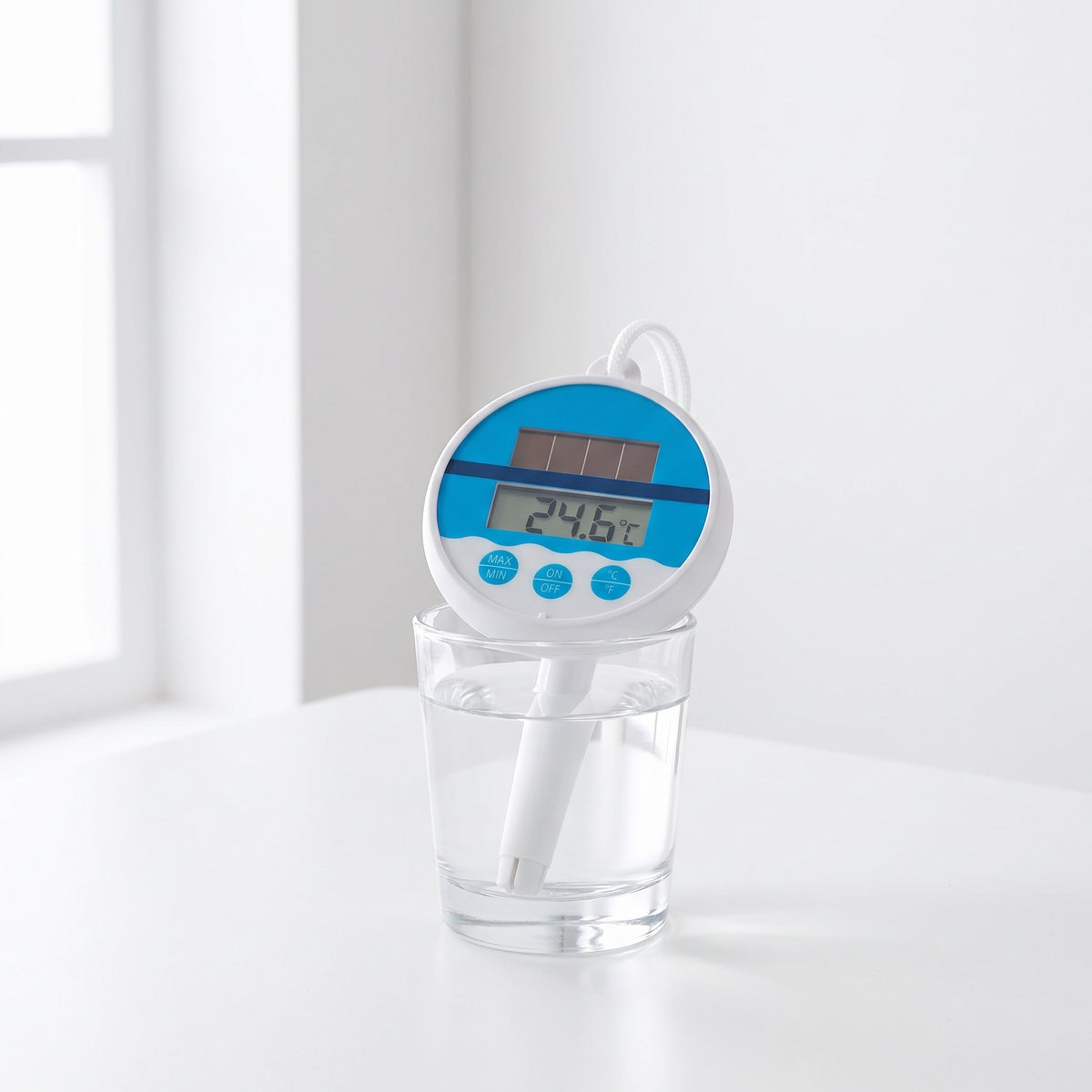 Solar floating pond thermometer with blue face, solar cell, LCD temperature display and three buttons, standing in a glass of water on a white table