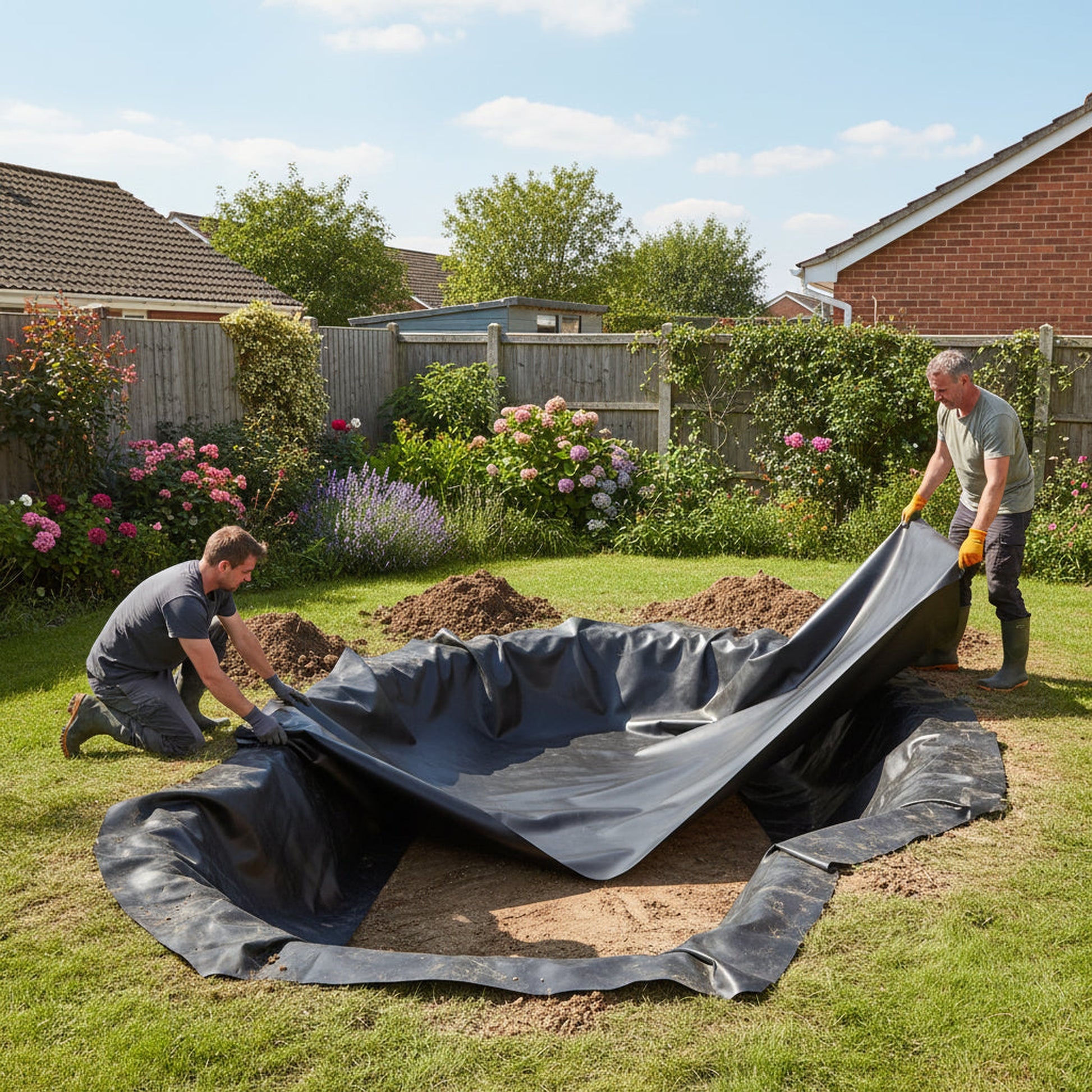 PVC pond liner installation UK garden pond - 0.5mm lifetime guarantee free delivery
