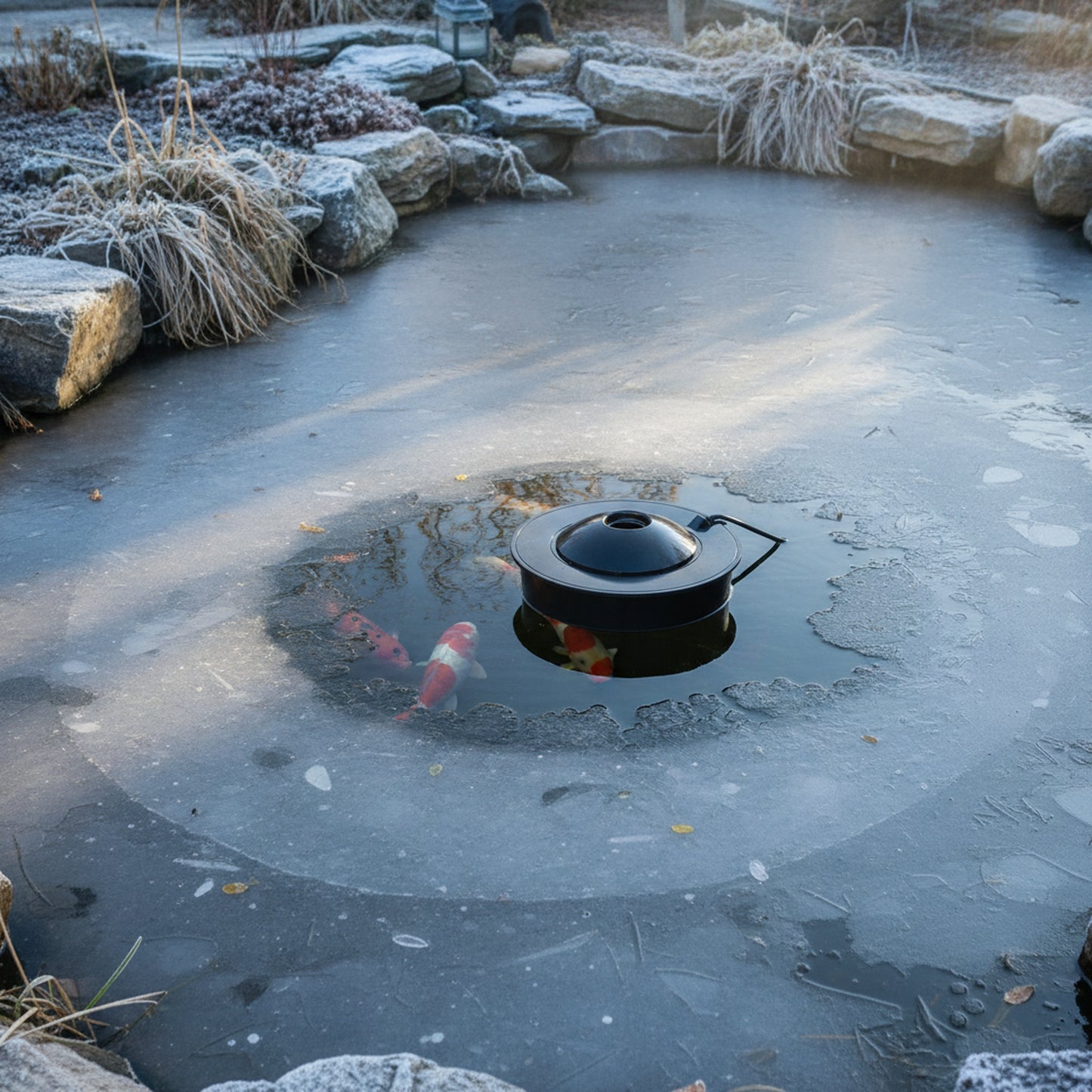 300W floating pond heater keeping koi pond ice-free in UK winter