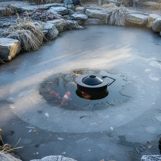 300W floating pond heater keeping koi pond ice-free in UK winter