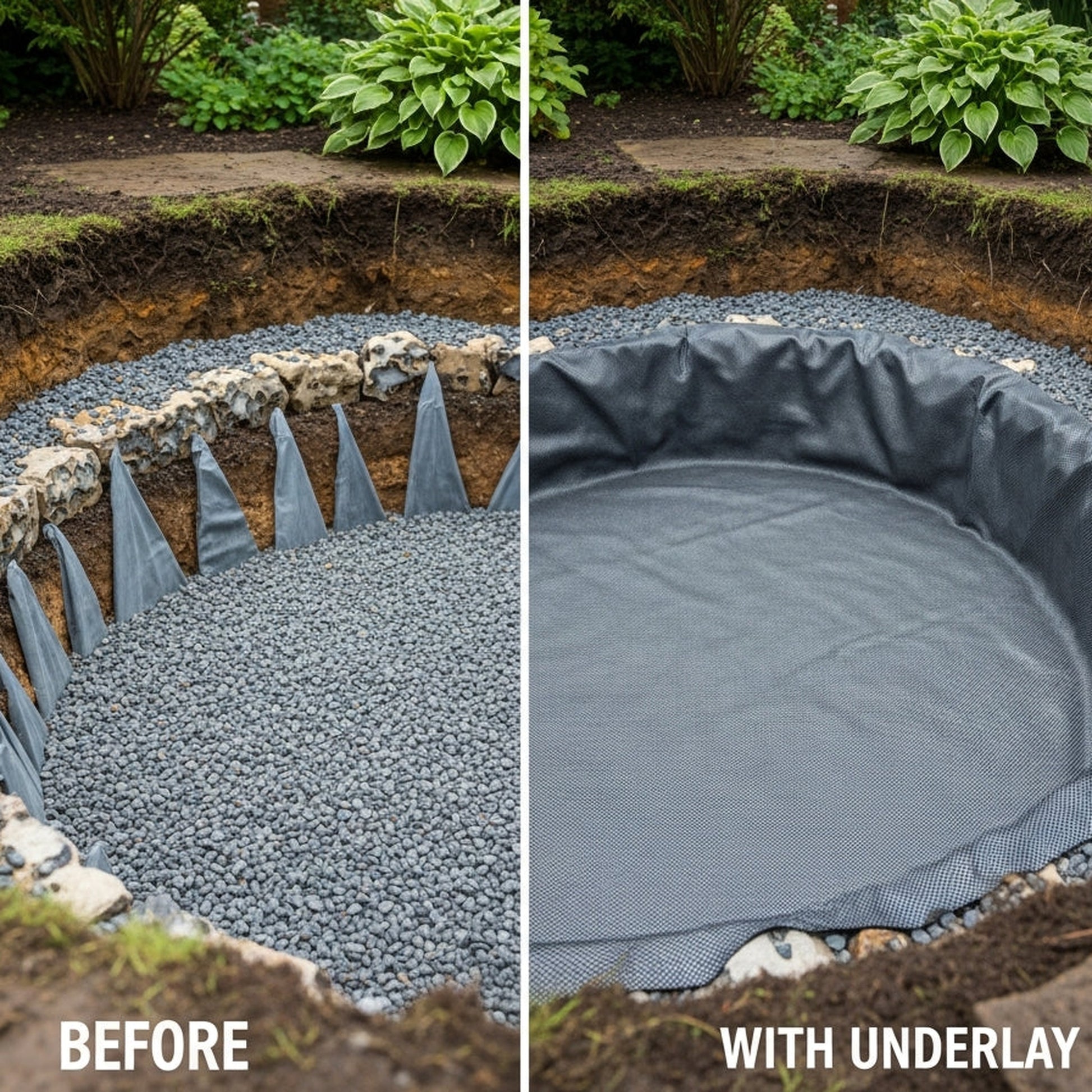Pond liner underlay protecting rubber liner from sharp stones