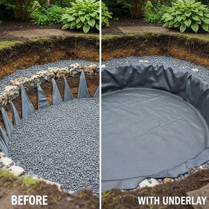 Pond liner underlay protecting rubber liner from sharp stones