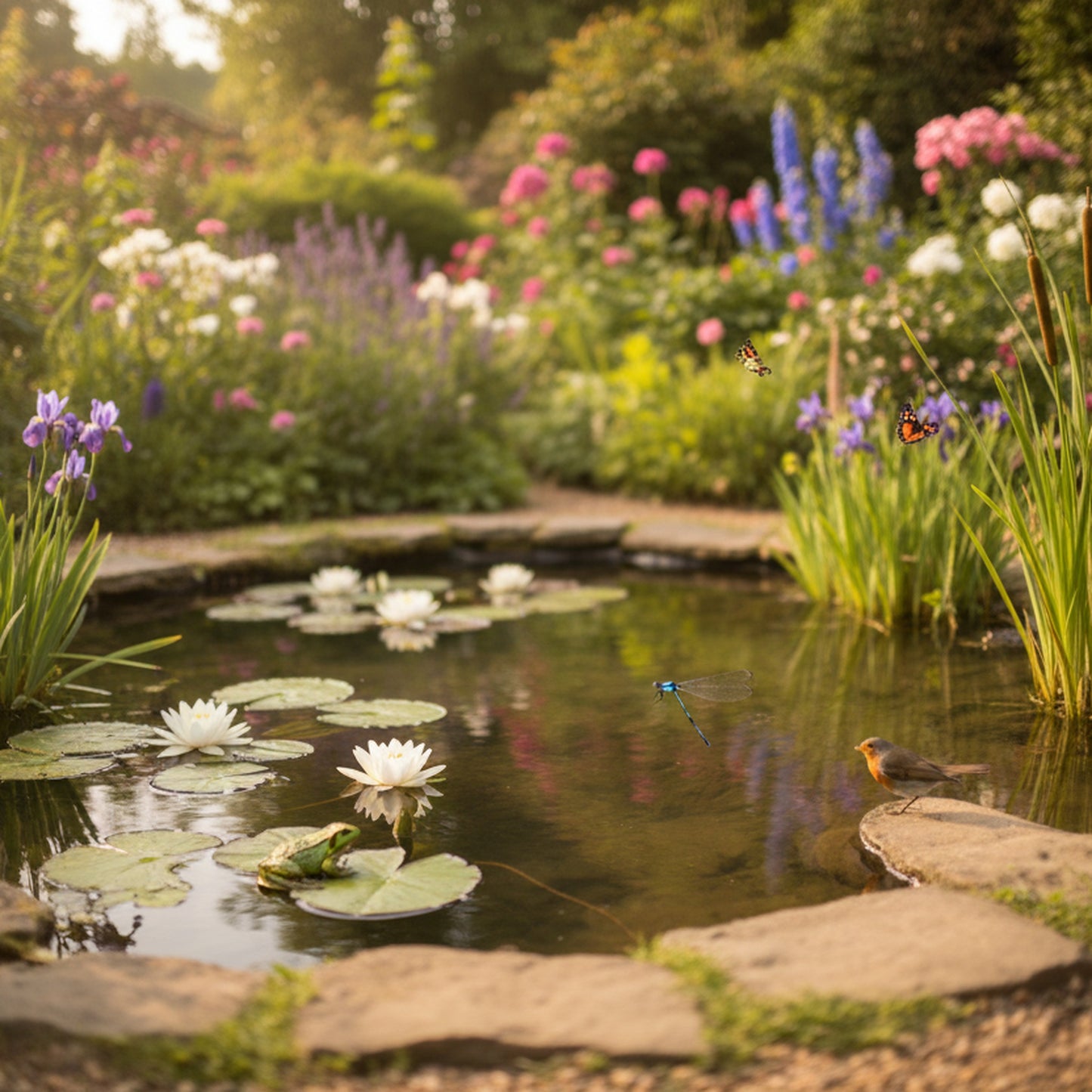 Beautiful wildlife pond in British cottage garden - water lilies, iris, frog on lily pad, robin at water's edge - created with Wildlife Pond Starter Kit
