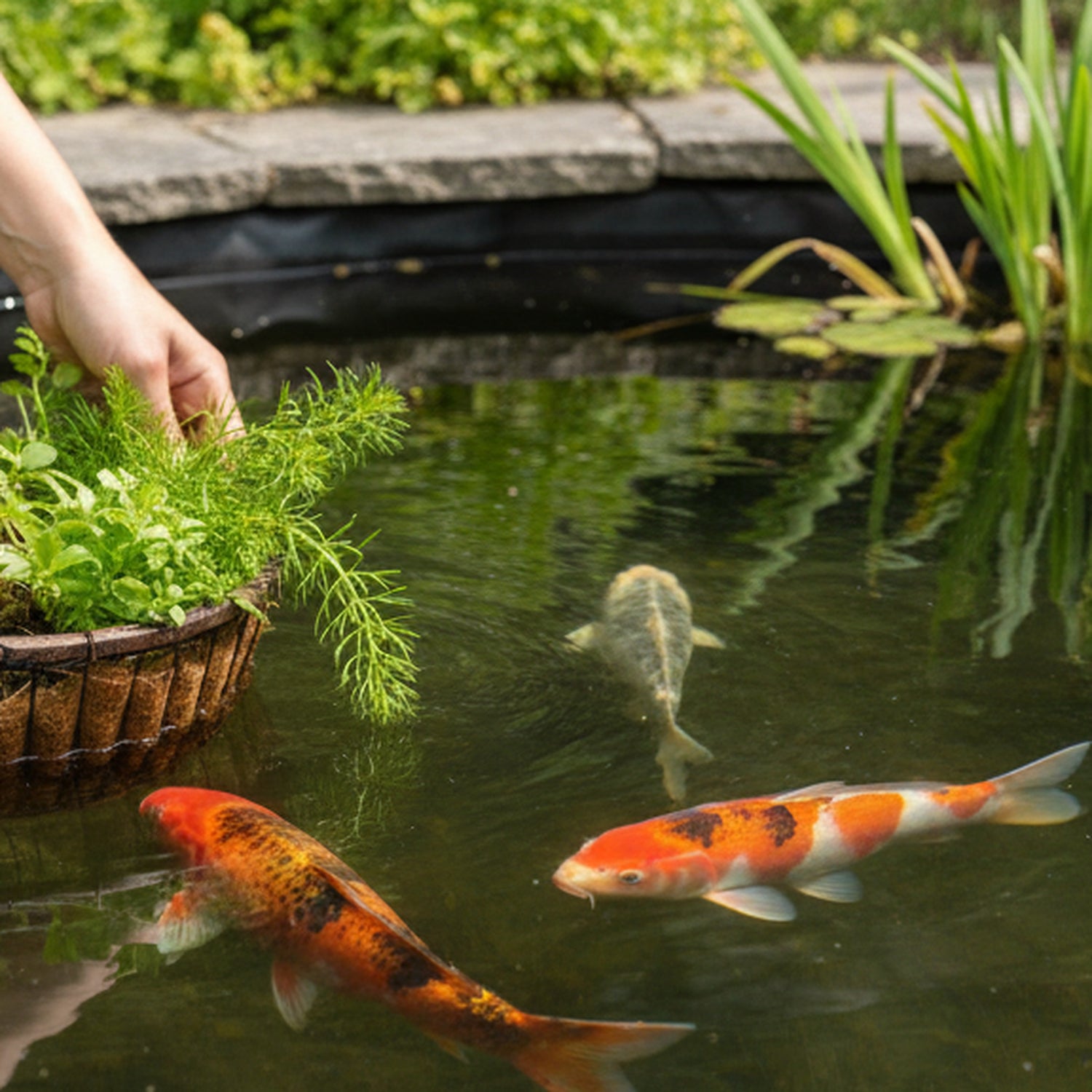 Oxygenating pond plants being planted in a UK koi pond – PondLiners Co