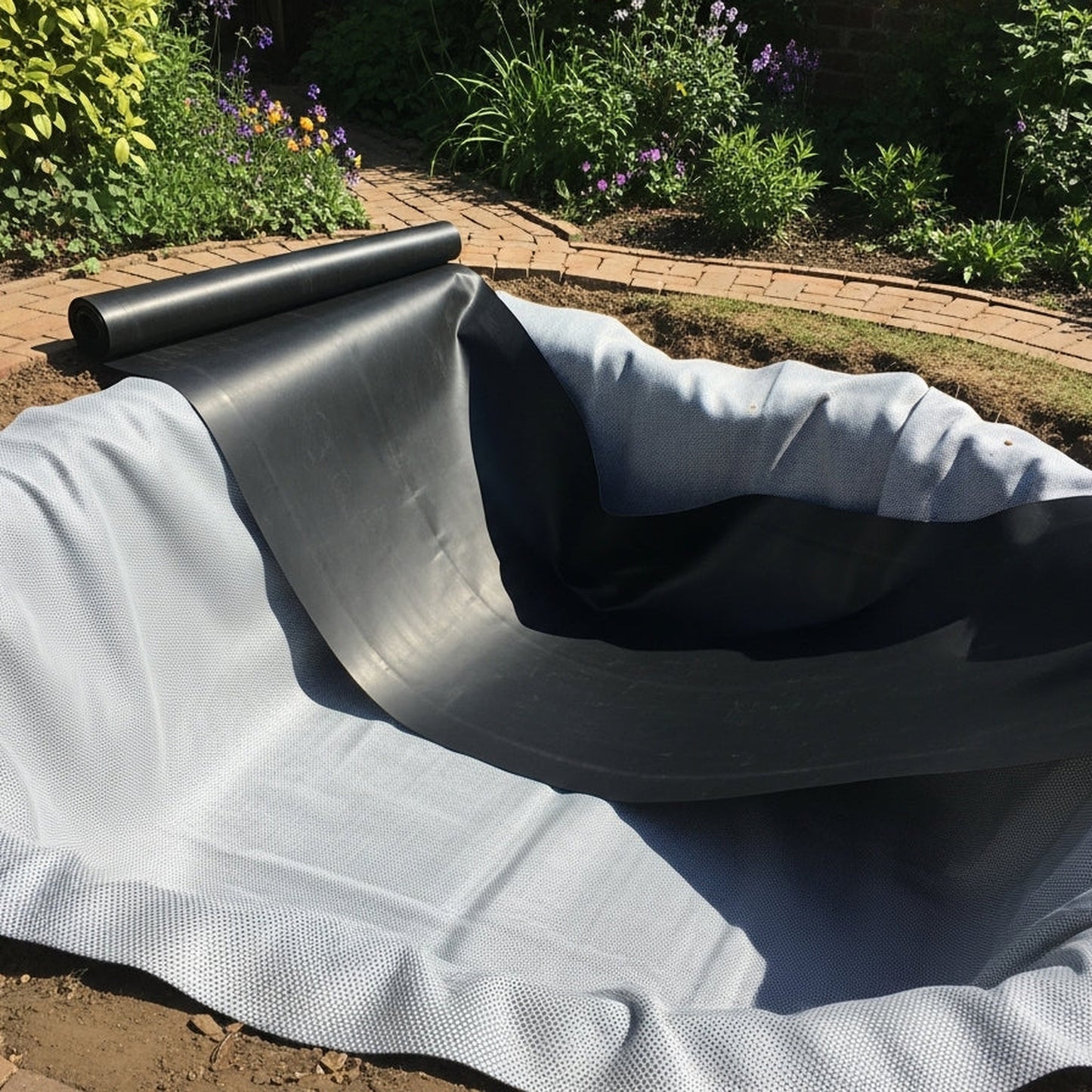 Completed pond installation showing underlay under rubber pond liner