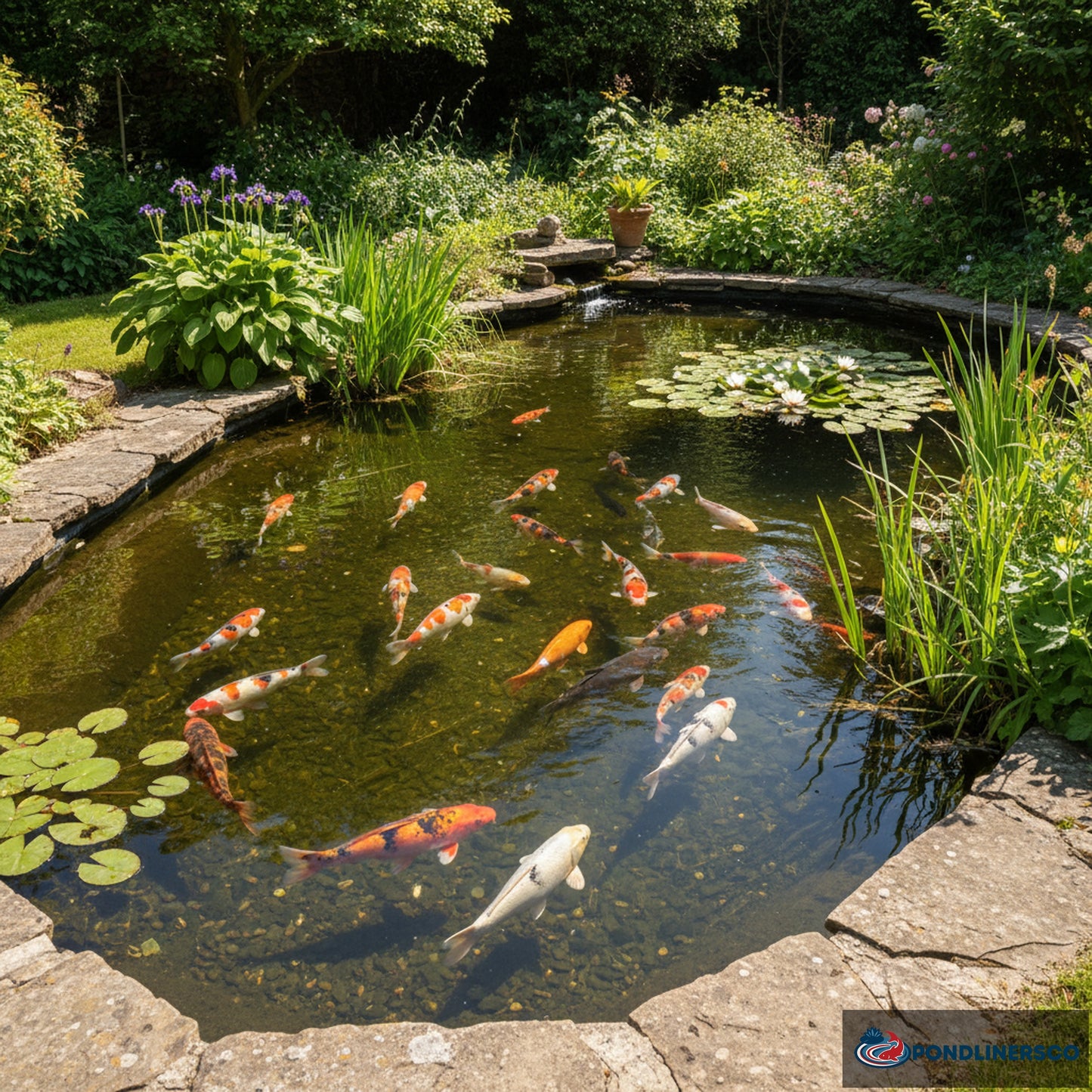 Crystal clear koi pond with healthy active fish