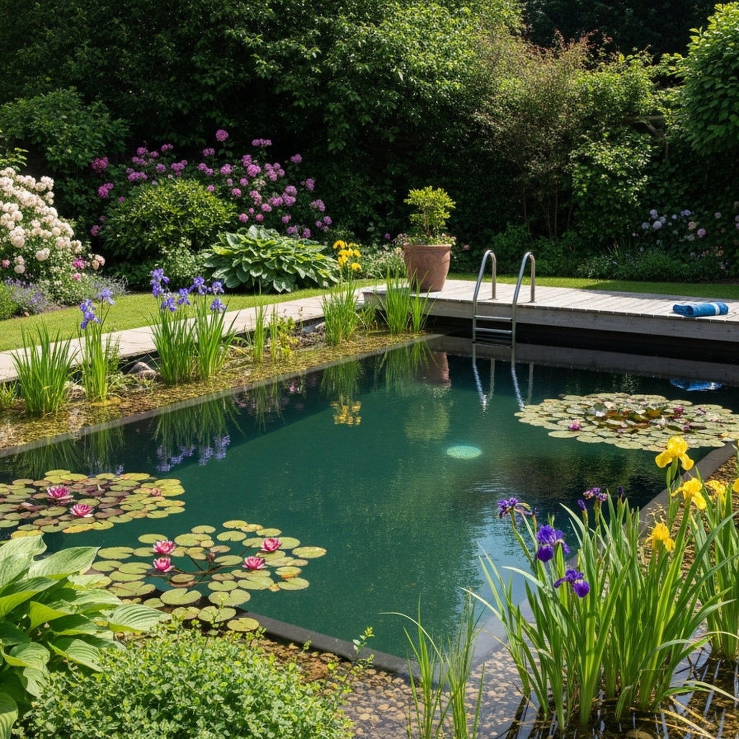 Natural swimming pond in British garden using EPDM liner