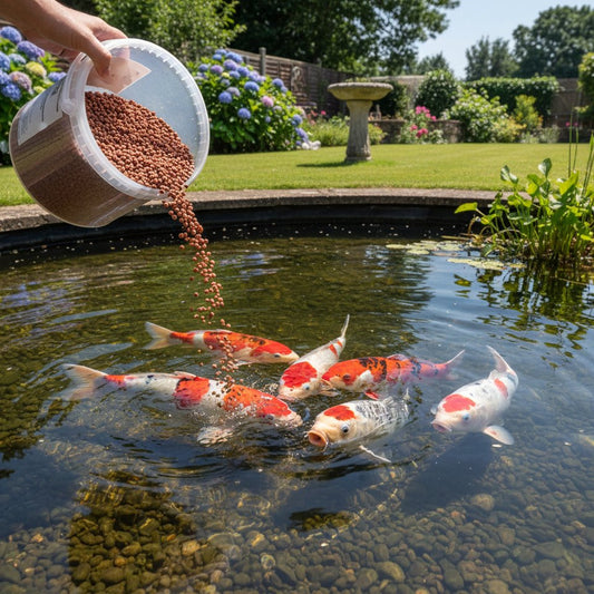 Premium koi growth food floating pellets being fed to colourful koi in UK pond