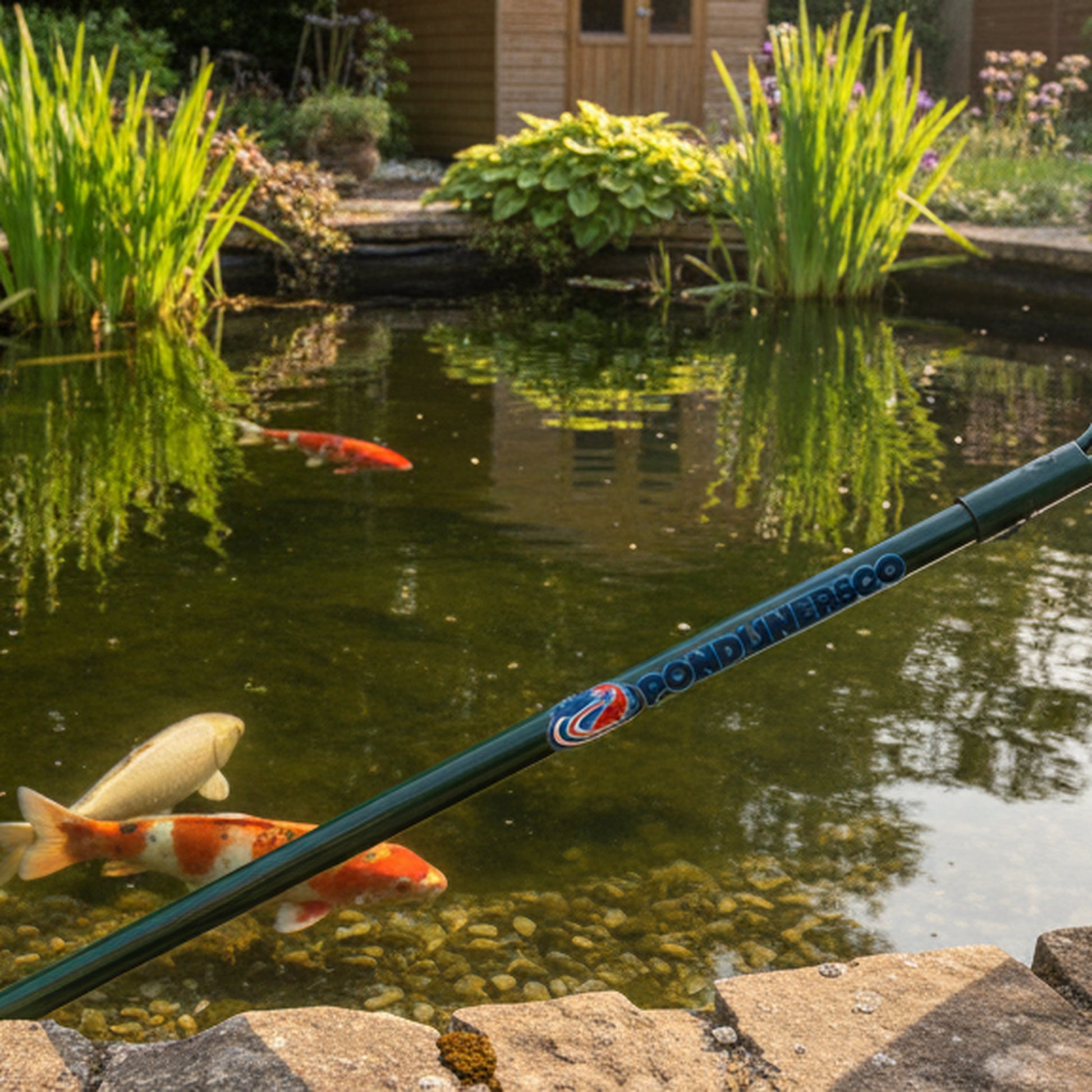 Heavy duty pond net beside a beautiful UK garden koi pond – PondLiners Co
