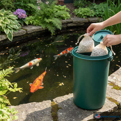 Plain unbranded zeolite filter pouches being installed in pond filter beside koi pond