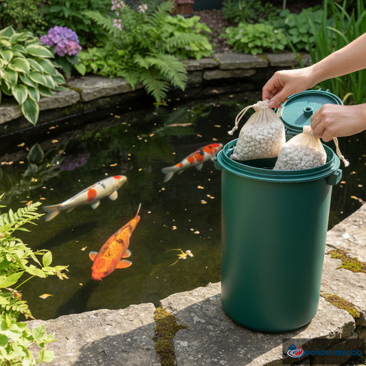Plain unbranded zeolite filter pouches being installed in pond filter beside koi pond
