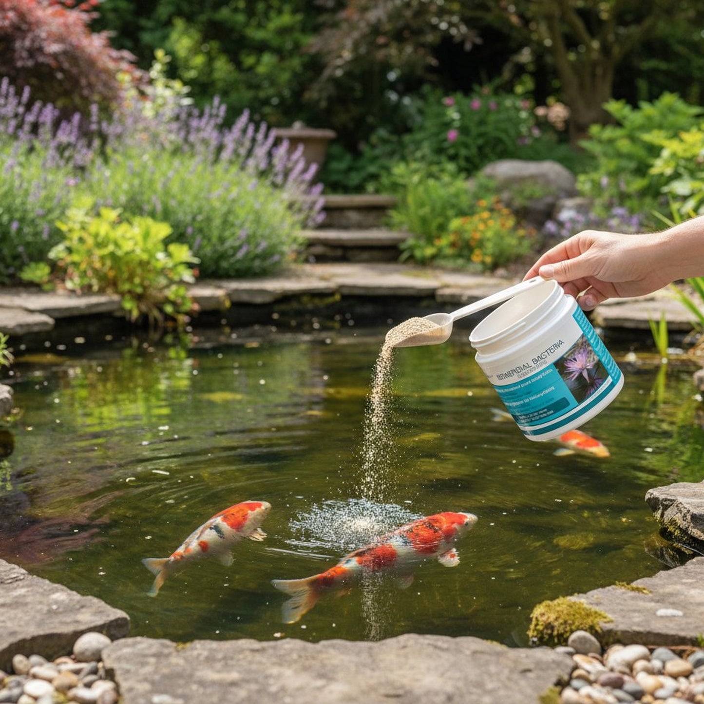 Pond beneficial bacteria powder being added to clear UK koi pond