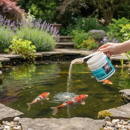 Pond beneficial bacteria powder being added to clear UK koi pond