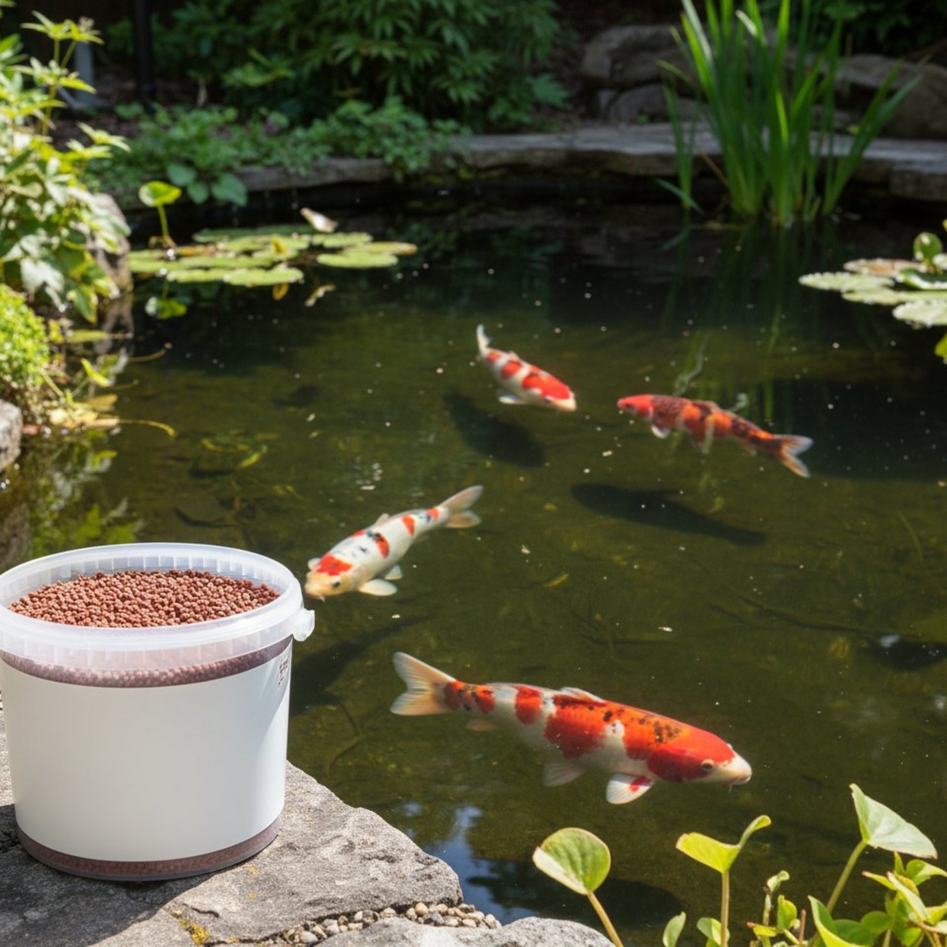 High protein koi growth food pellets with UK koi pond background