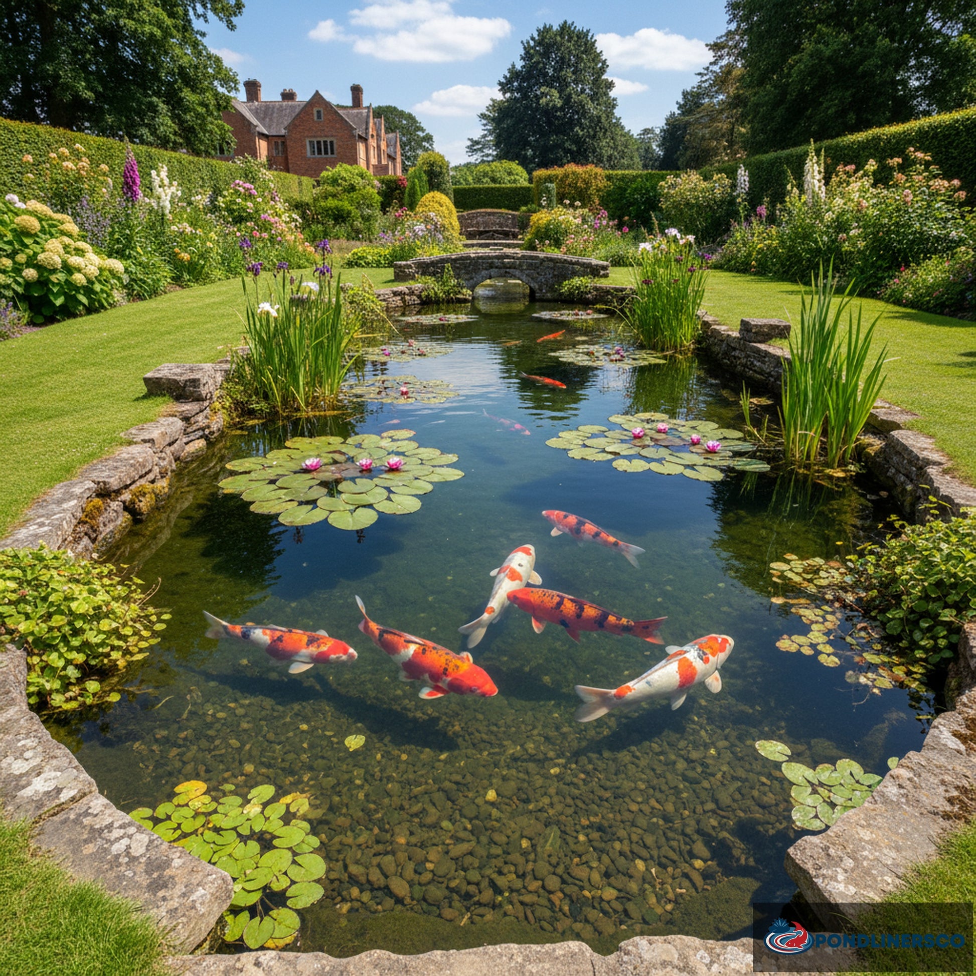 Beautiful clear koi pond with colourful fish