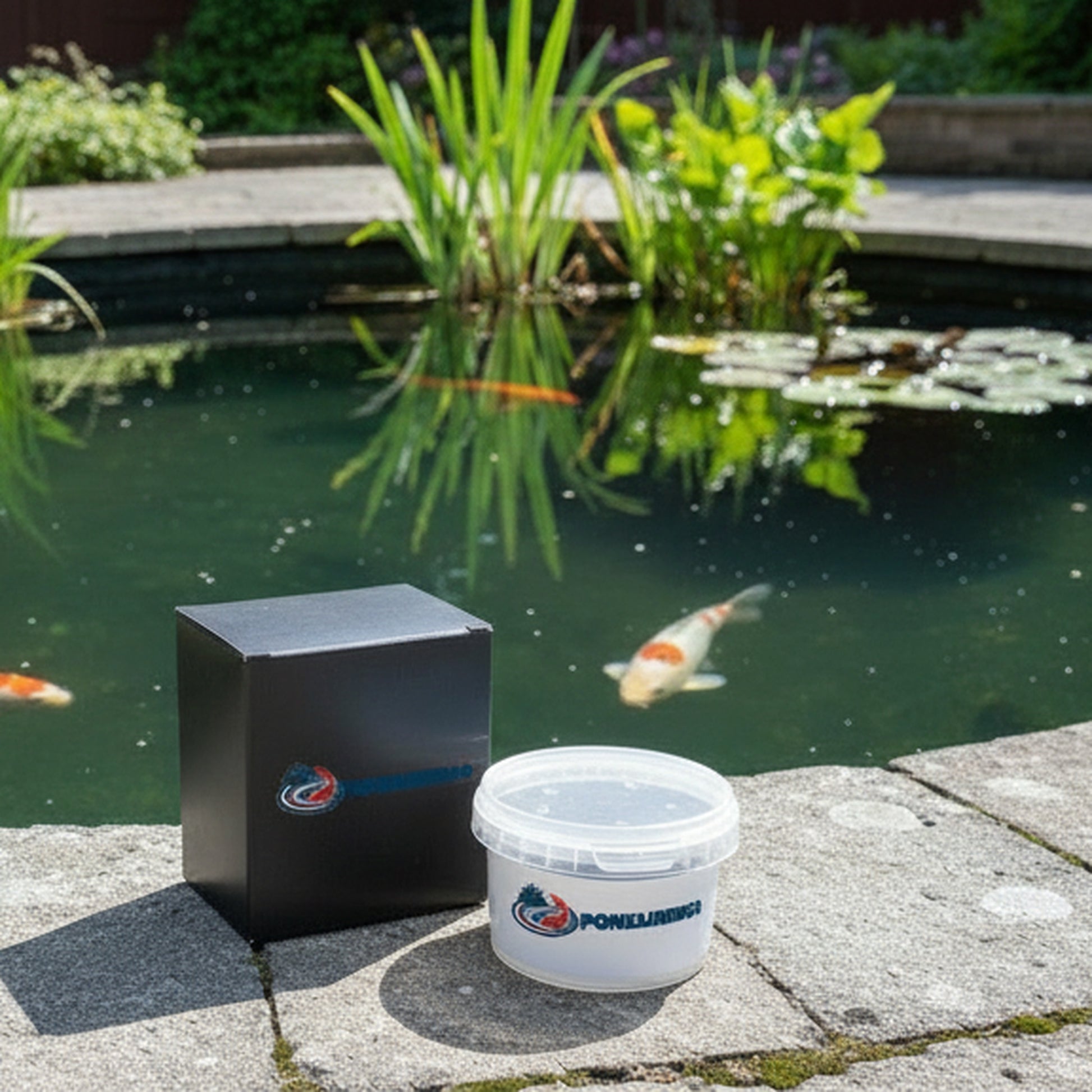 Natural pond bomb bacteria treatment beside clear UK koi pond - chemical free water treatment