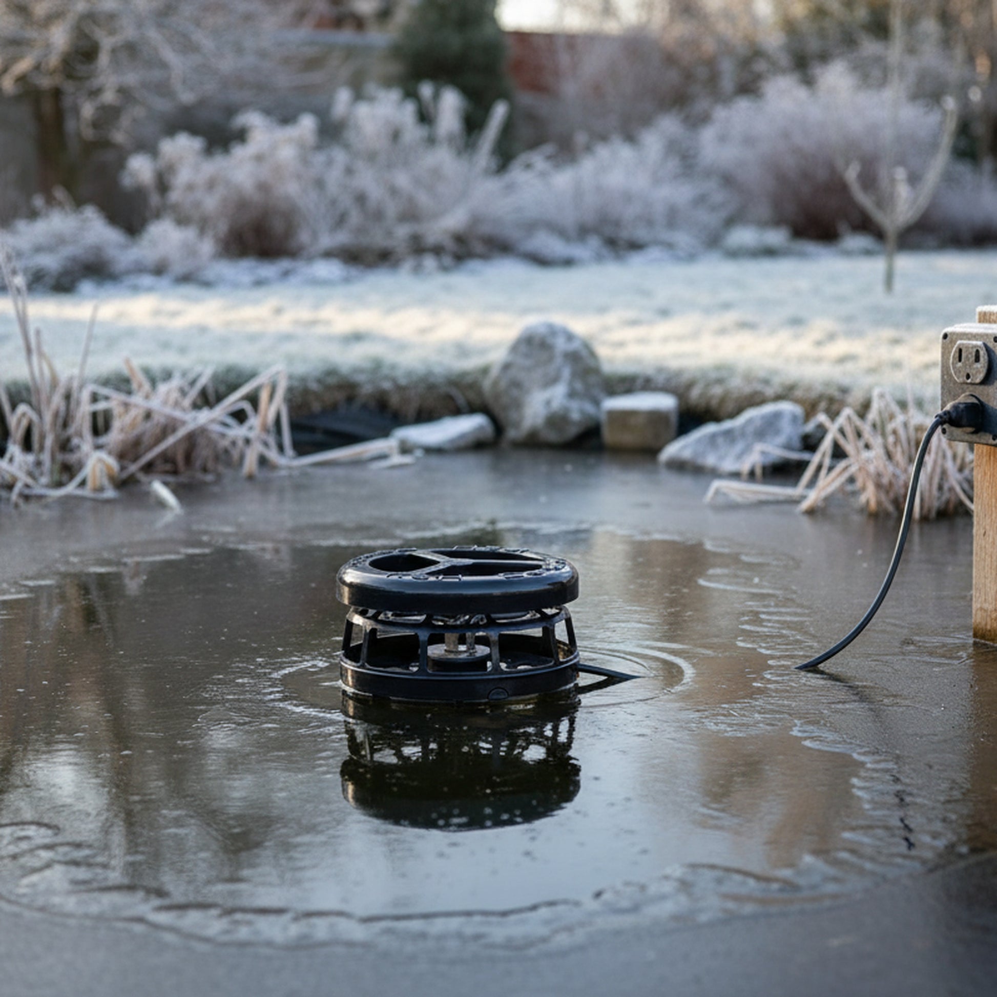 Pond de-icer floating in garden pond winter setting