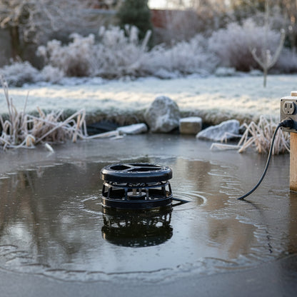Pond de-icer floating in garden pond winter setting