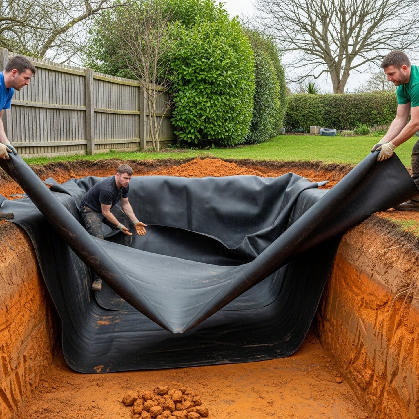 Two professional pond builders installing EPDM pond liner into large garden pond