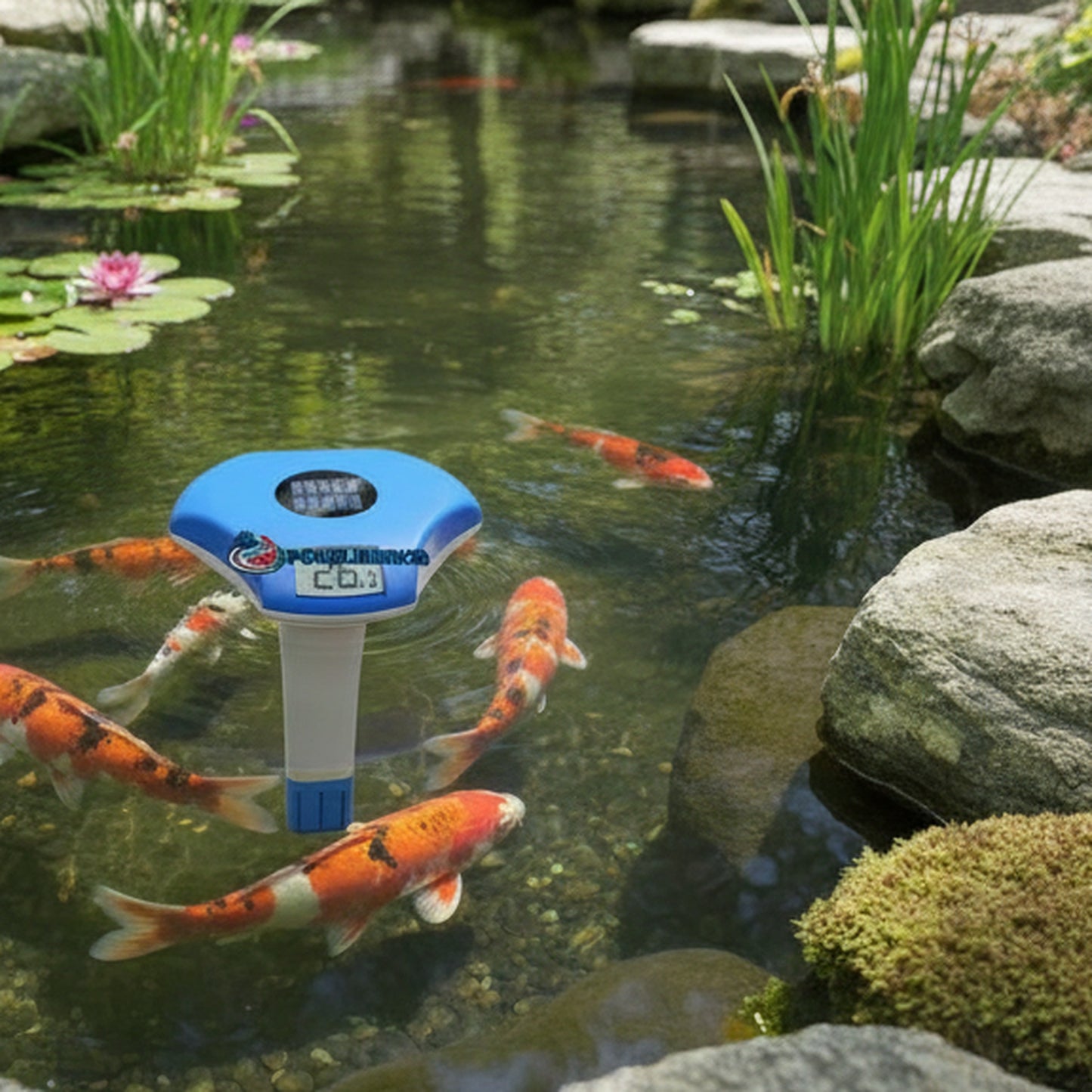 Digital floating pond thermometer showing temperature in koi pond