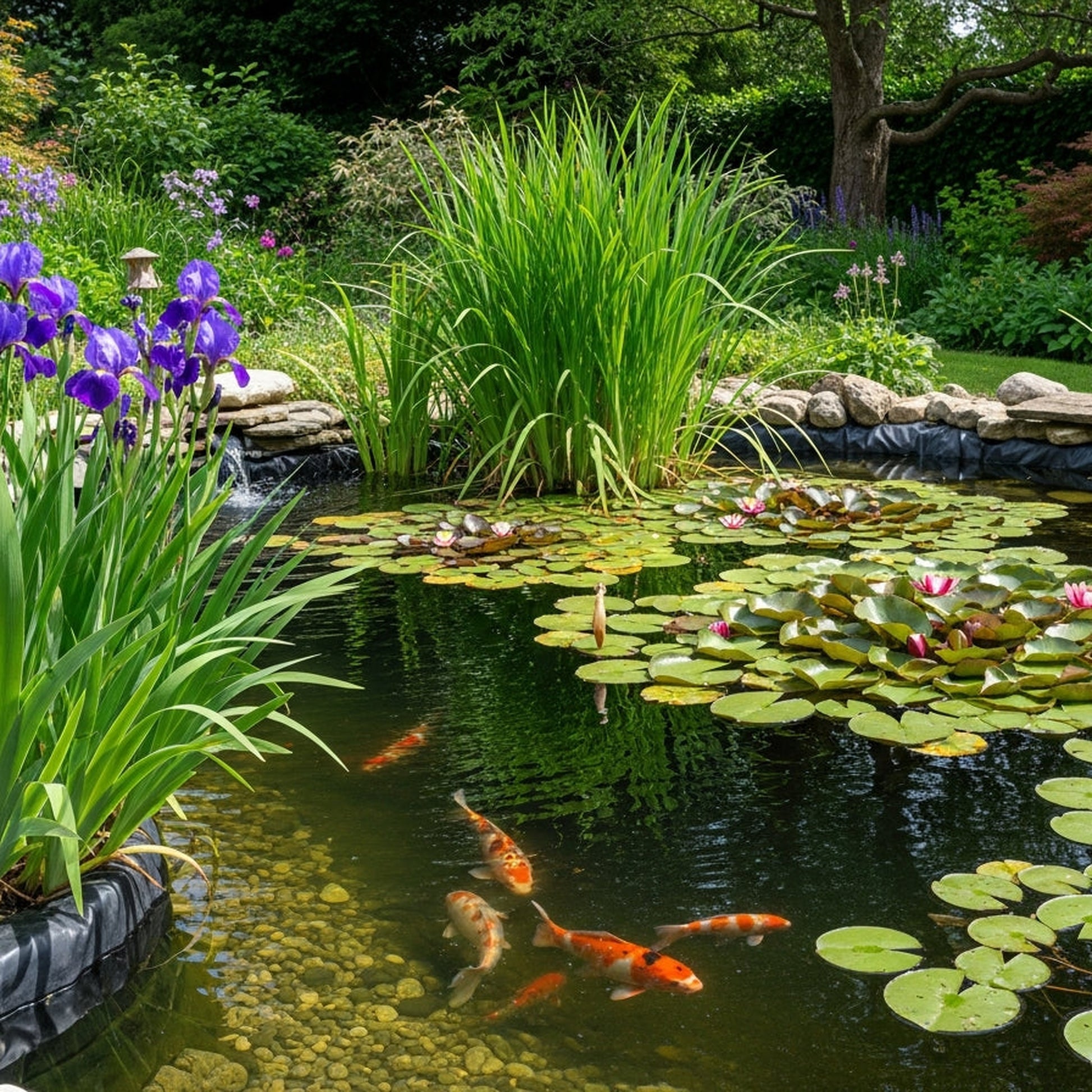 Established garden pond with EPDM liner, mature plants and healthy fish
