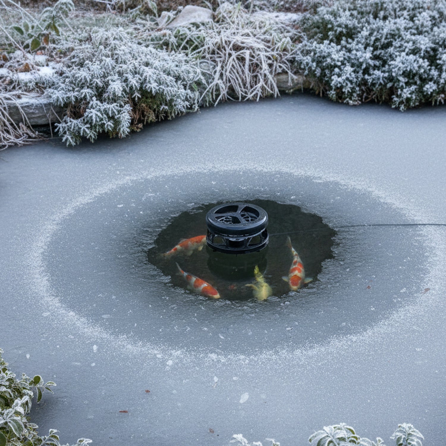 Floating pond heater de-icer keeping koi pond ice-free in winter
