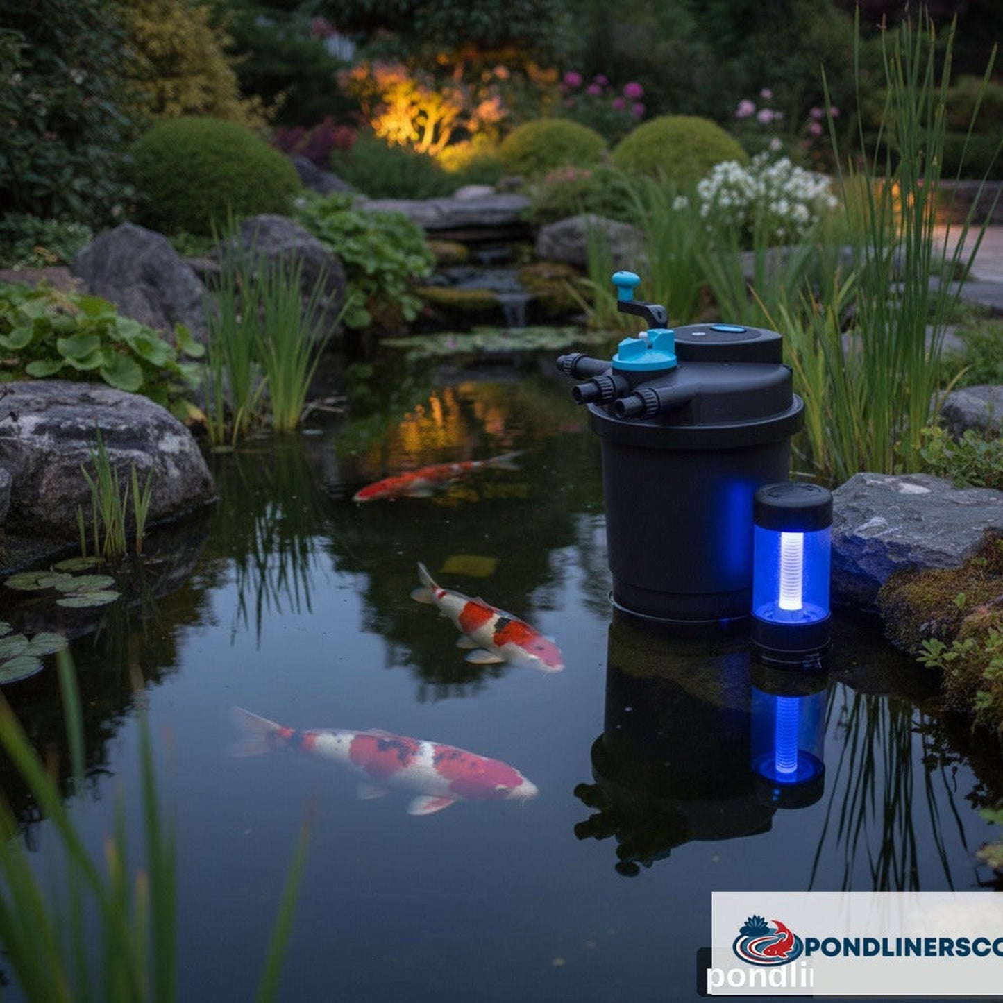UV pond filter steriliser unit beside koi pond at dusk