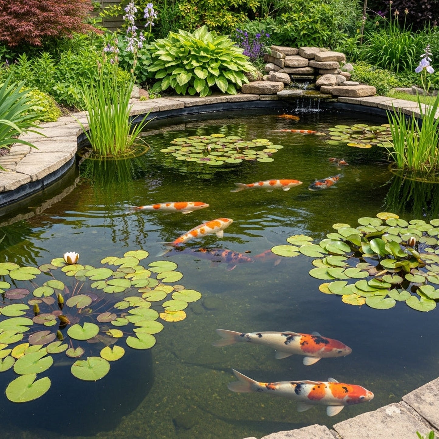 Completed garden koi pond with butyl rubber liner, koi fish and water lilies