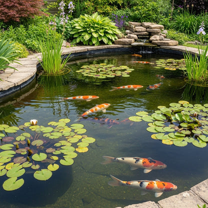 Completed garden koi pond with butyl rubber liner, koi fish and water lilies