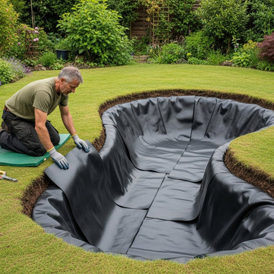 Man installing Budget LDPE pond liner into British garden wildlife pond - flexible pond liner UK