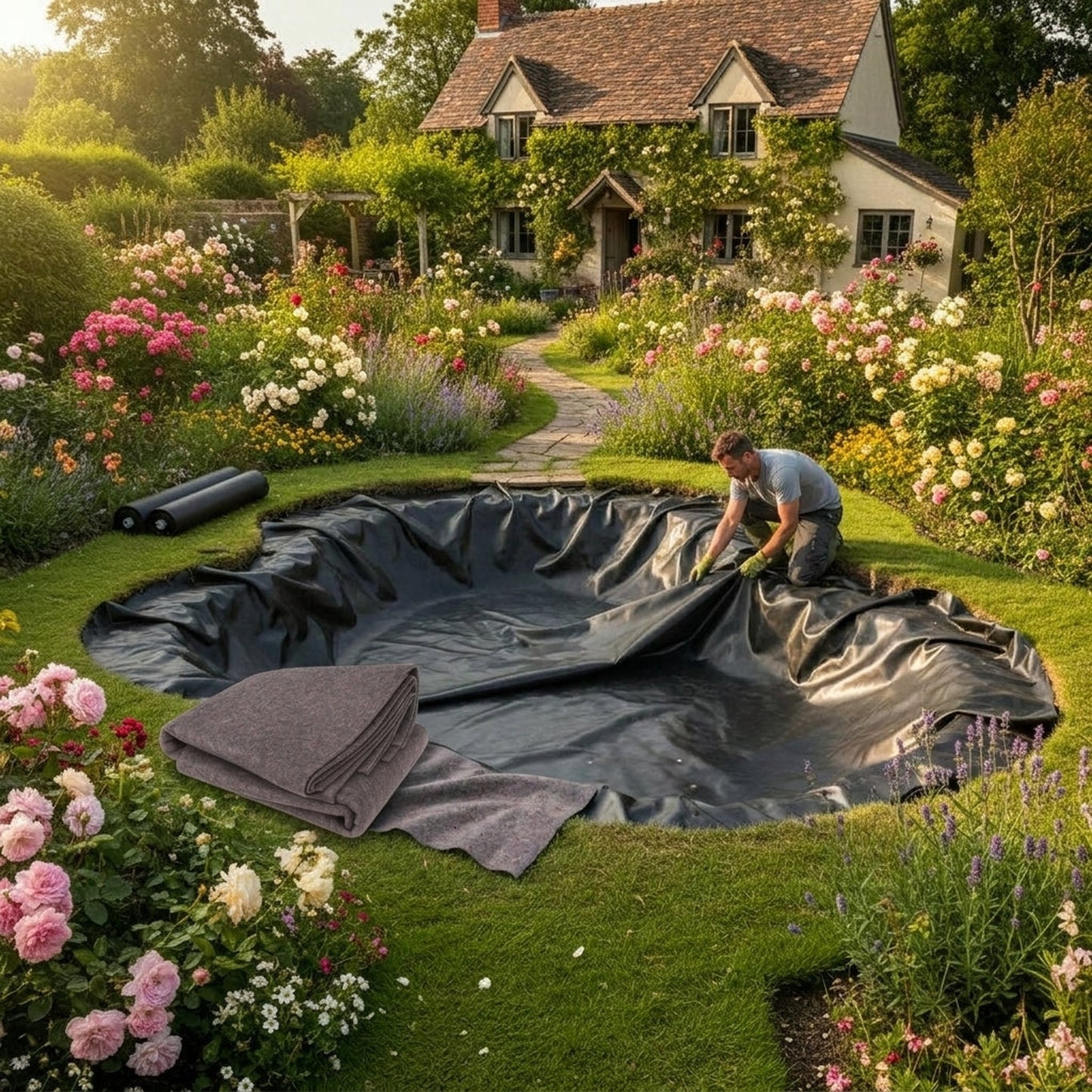 EPDM Pond Liner and Geotextile Bundle being installed in garden pond