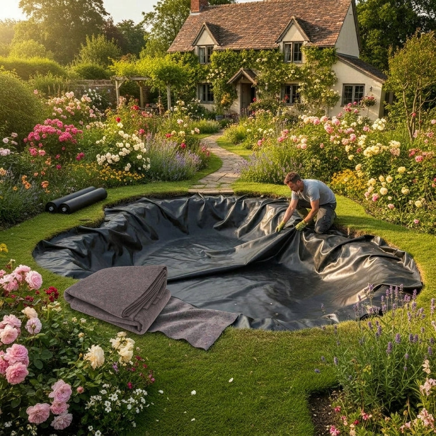 EPDM Pond Liner and Geotextile Bundle being installed in garden pond