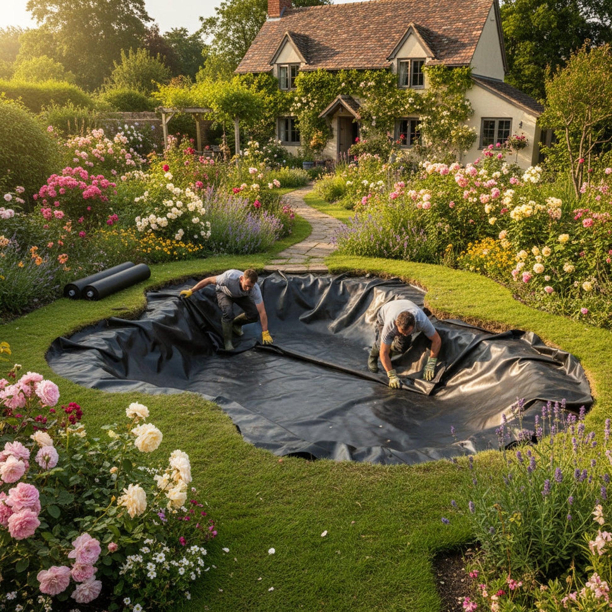 EPDM rubber pond liner installation in UK garden pond - 0.75mm lifetime guarantee
