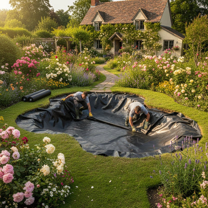 EPDM rubber pond liner installation in UK garden pond - 0.75mm lifetime guarantee