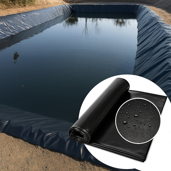 Rectangular pond lined in black HDPE, liner roll inset | HDPE Pond Liner 0.35mm | 40 Year Guarantee | Heavy Duty