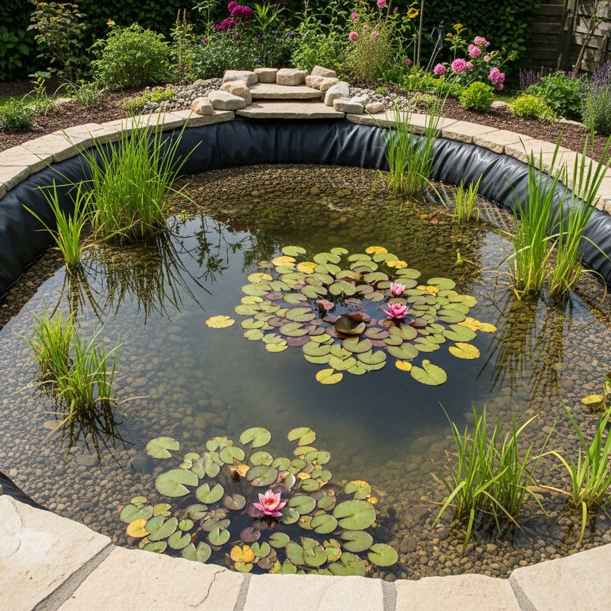 Completed British wildlife pond with black LDPE flexible pond liner - fish safe pond liner