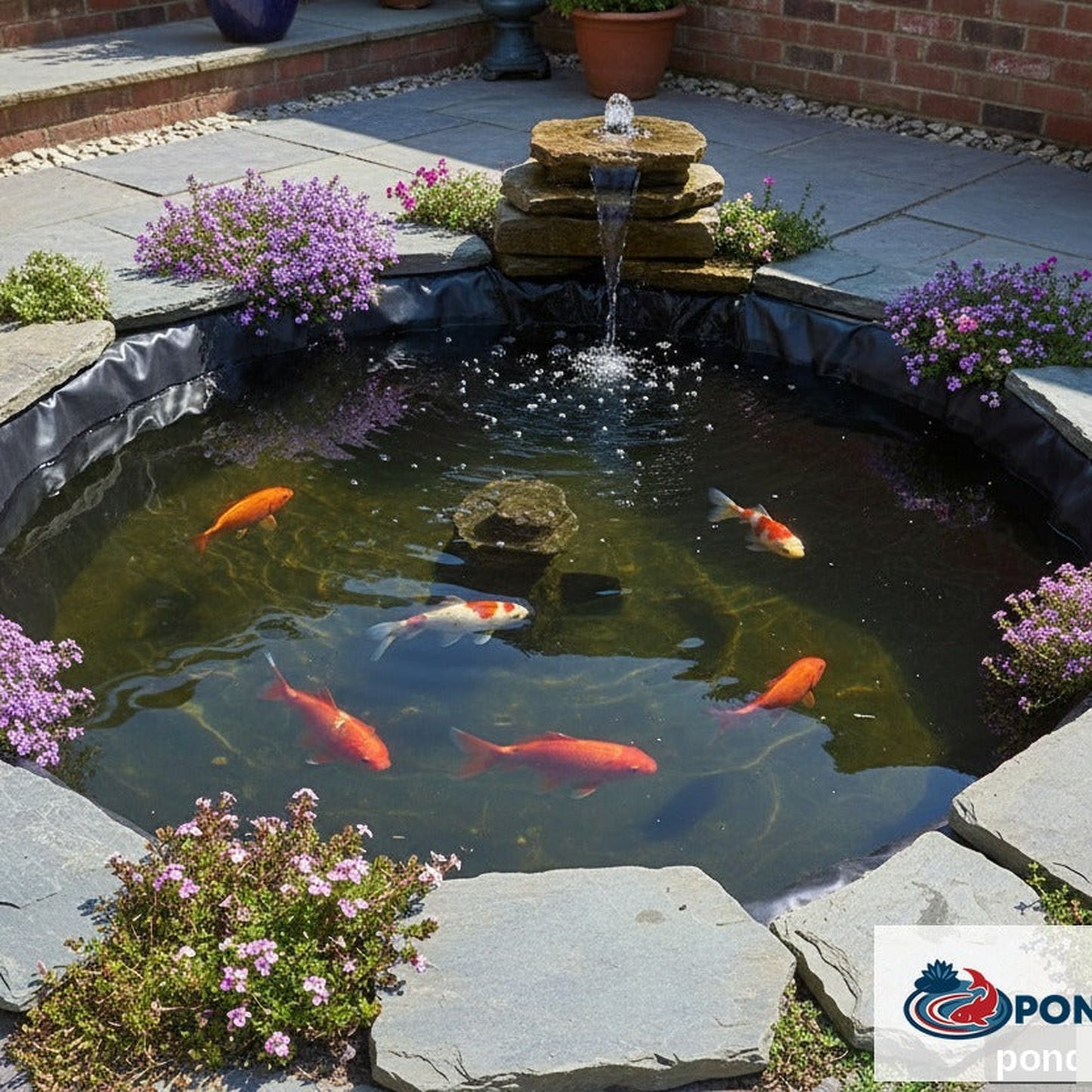 Small koi pond with black liner, goldfish and fountain