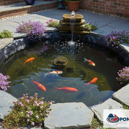 Small koi pond with black liner, goldfish and fountain