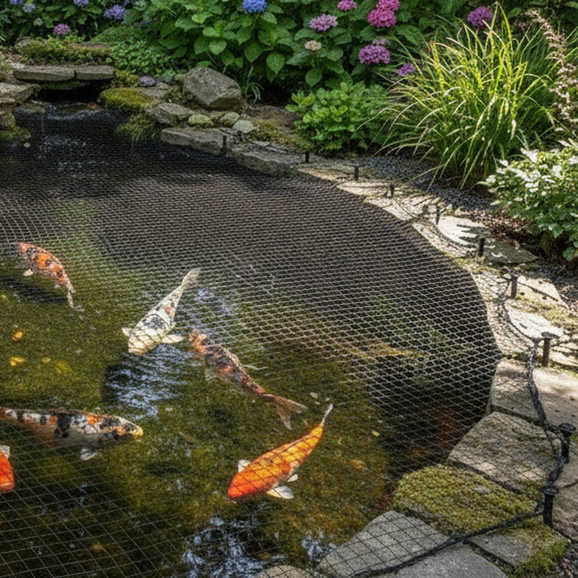 Heavy duty black pond net cover protecting koi pond from herons and cats - UK garden setting