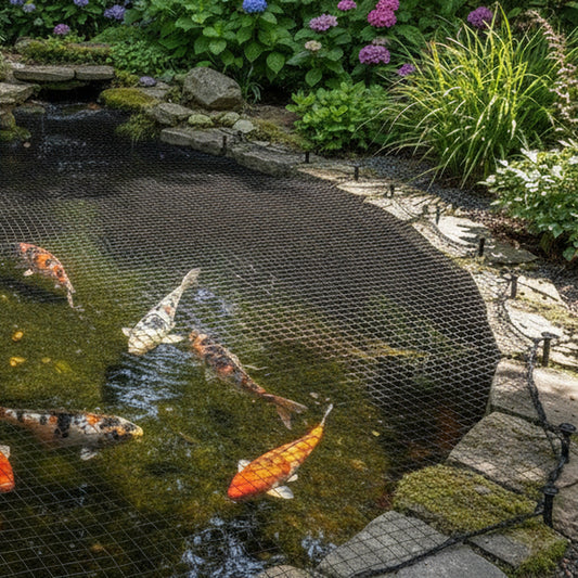 Heavy duty black pond net cover protecting koi pond from herons and cats - UK garden setting